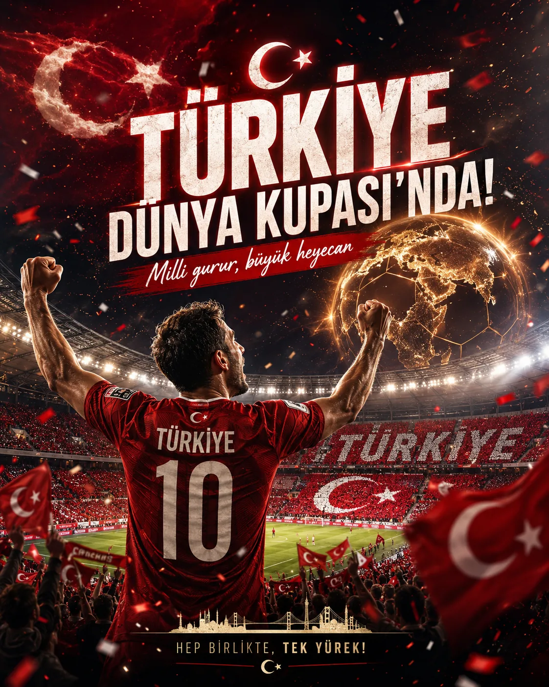 Türk bayrakları arasında 10 numaralı Türkiye formasıyla kollarını kaldıran futbolcu ve Türkiye Dünya Kupası'nda yazısı