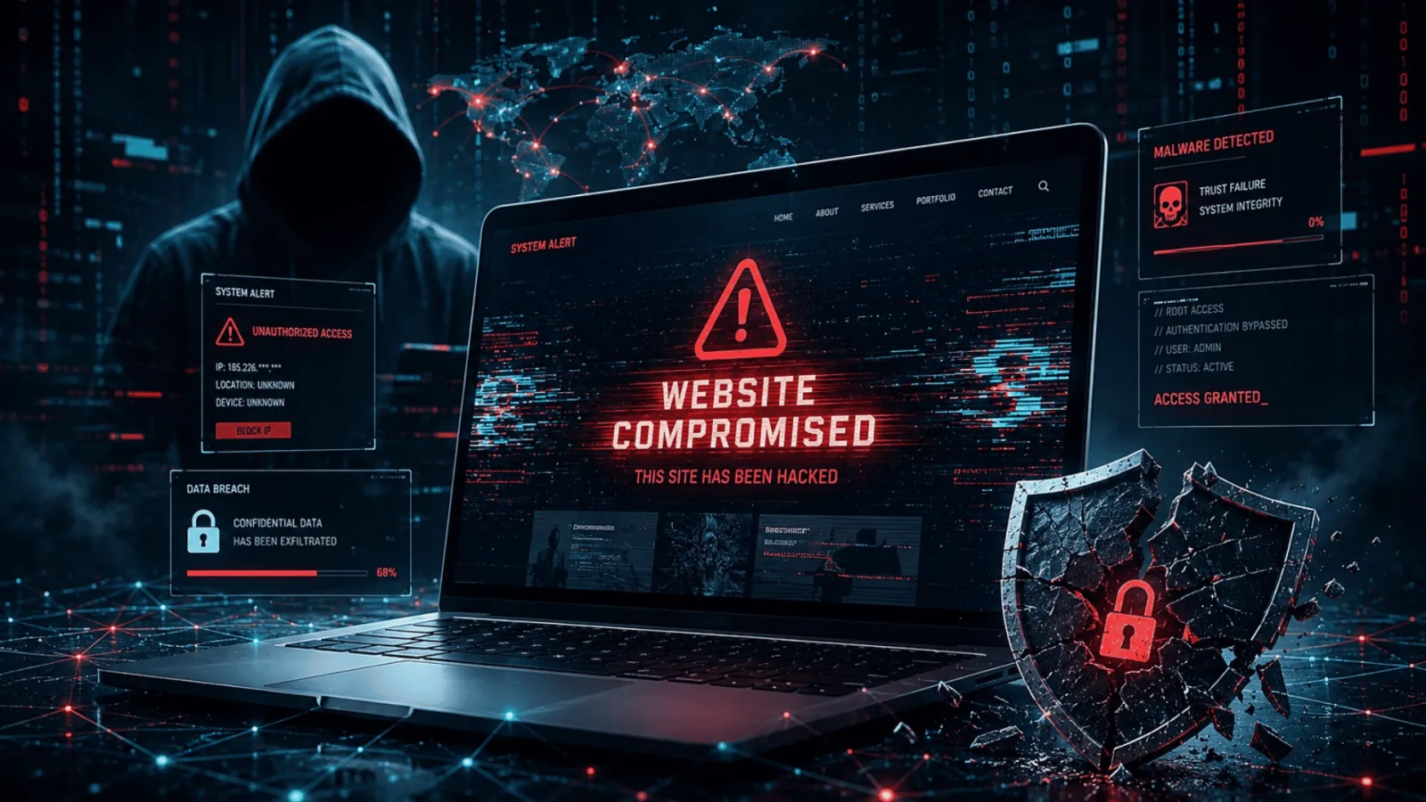 Ekranında hacklendi uyarısı olan dizüstü bilgisayar, arkada kapüşonlu bir figür ve kırık bir kalkan